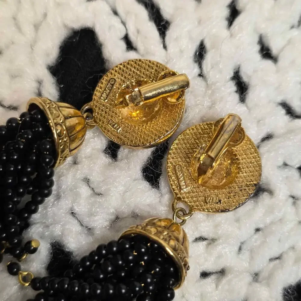 Vintage Avon Black Beaded Tassel Clip-On Earrings Gold Rhinestone Statement